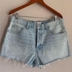 Zara Rhinestone Starburst Denim Shorts Light Wash Frayed Hem Womens Size 10